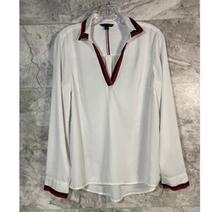 Tommy Hilfiger Women White Long Sleeve Chiffon V-Neck Collared Tunic Blouse Sz S